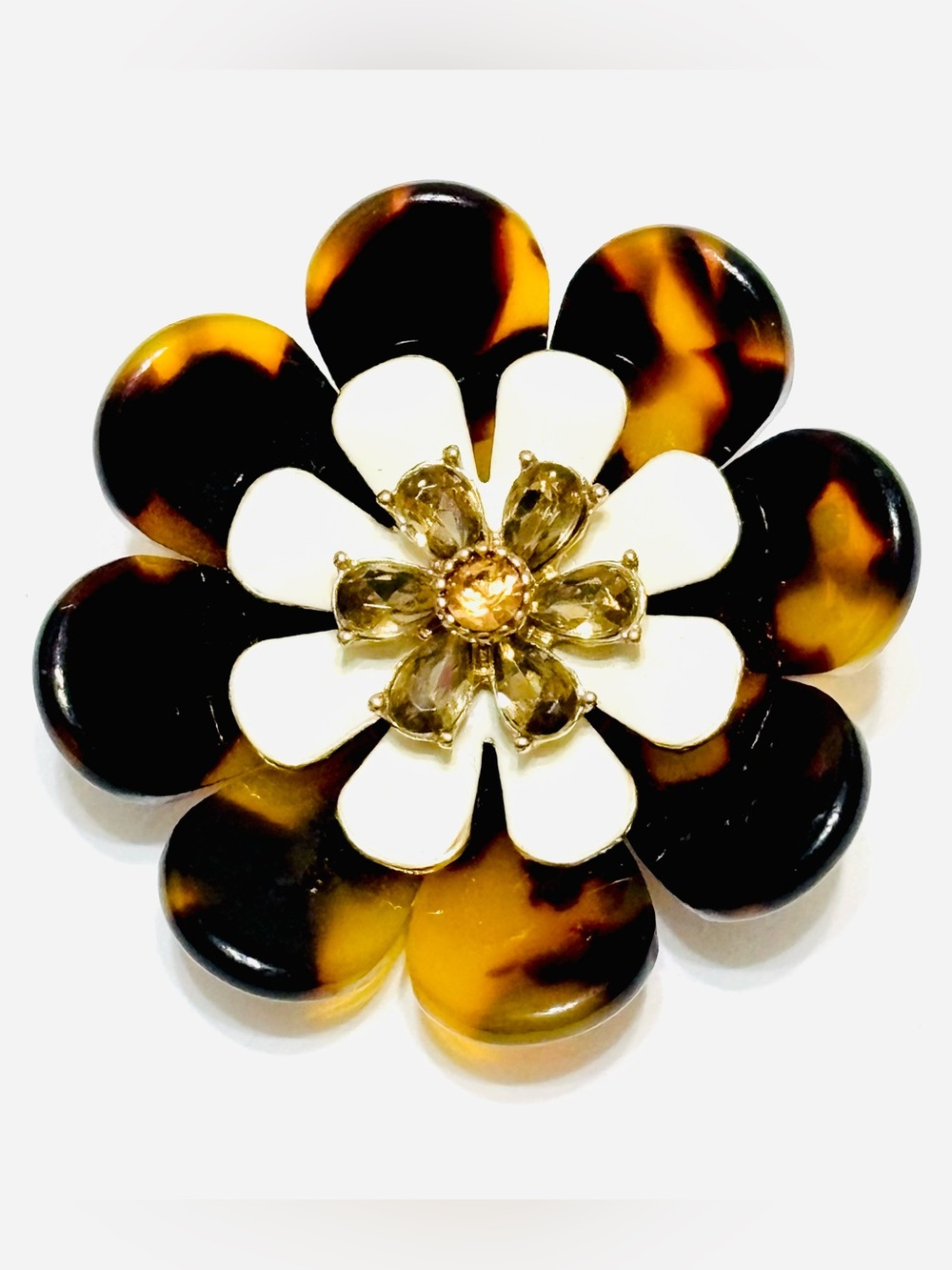 Talbots Layered Tortoise Shell Flower Brooch Pin White Enamel Rhinestone 1.5”